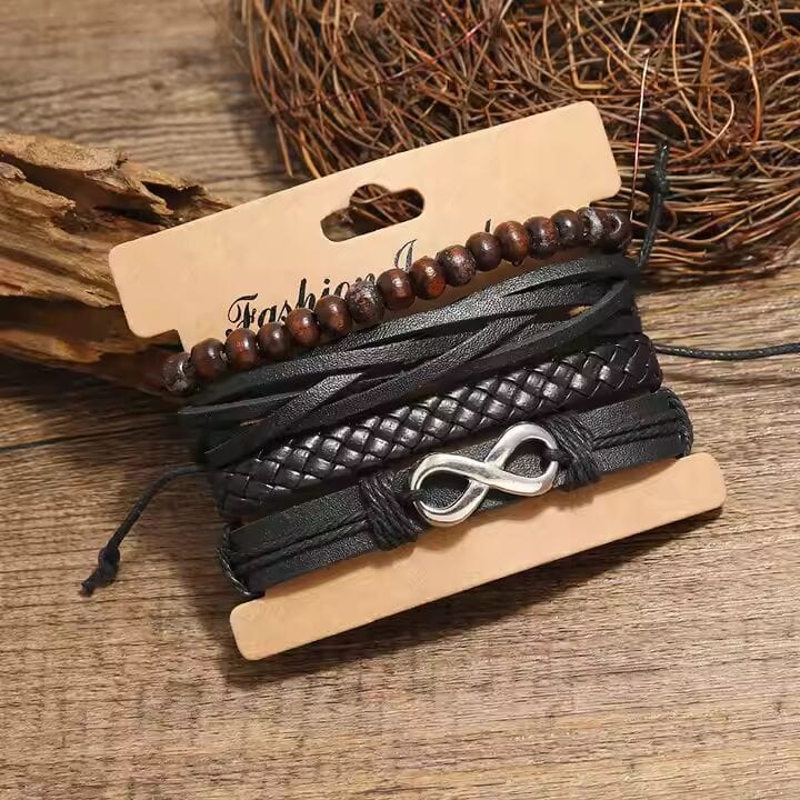 THE MEN THING Leather Bracelet FOREVER BOUND - 4 Pcs Genuine Braided Leather Bracelet Set for Men & Boys (8 inch)