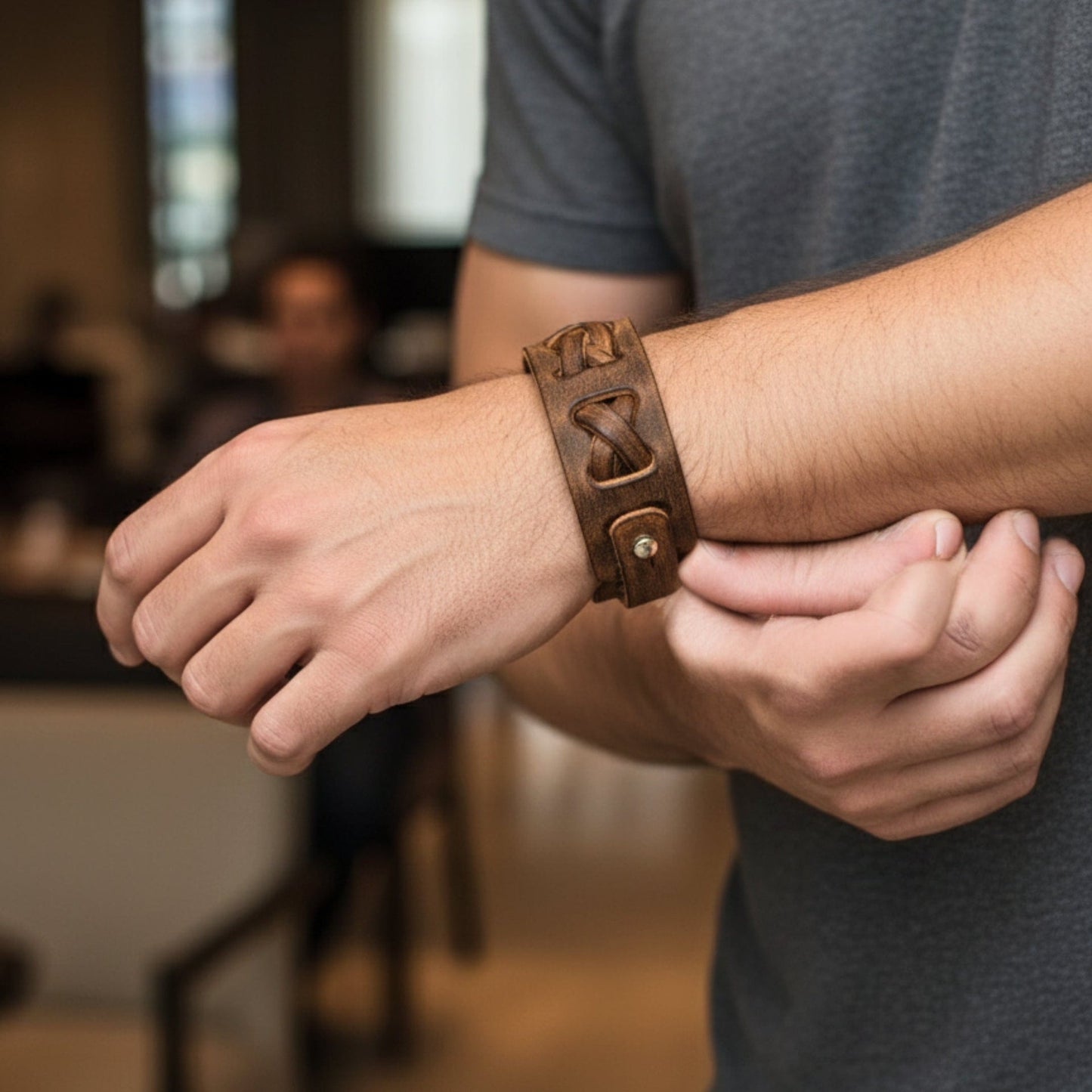THE MEN THING Leather Bracelet FRONTIER CUFF - 32mm Genuine Leather Adjustable Bracelet for Men & Boys (7 inch)