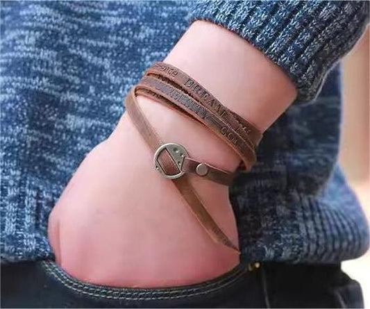 THE MEN THING Leather Bracelet FRONTIER WRAP BROWN - Genuine Braided Leather Bracelet Set for Men & Boys (8 inch)