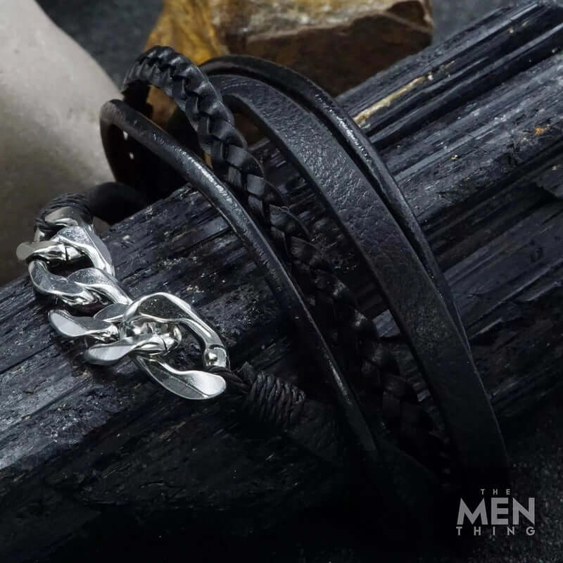 THE MEN THING Leather Bracelet FUSION MINGLE BLACK -  Leather with Stainless Steel Bracelet with 100% Stainless Steel Magnetic Buckle for Men & Boys (8 inch)
