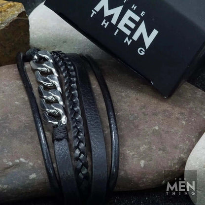 THE MEN THING Leather Bracelet FUSION MINGLE BLACK -  Leather with Stainless Steel Bracelet with 100% Stainless Steel Magnetic Buckle for Men & Boys (8 inch)