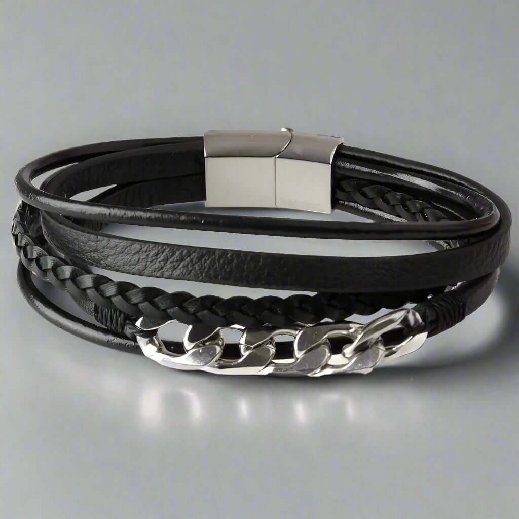THE MEN THING Leather Bracelet FUSION MINGLE BLACK -  Leather with Stainless Steel Bracelet with 100% Stainless Steel Magnetic Buckle for Men & Boys (8 inch)
