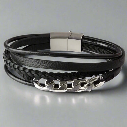 THE MEN THING Leather Bracelet FUSION MINGLE BLACK -  Leather with Stainless Steel Bracelet with 100% Stainless Steel Magnetic Buckle for Men & Boys (8 inch)