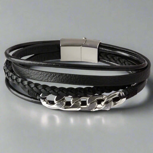 THE MEN THING Leather Bracelet FUSION MINGLE BLACK -  Leather with Stainless Steel Bracelet with 100% Stainless Steel Magnetic Buckle for Men & Boys (8 inch)