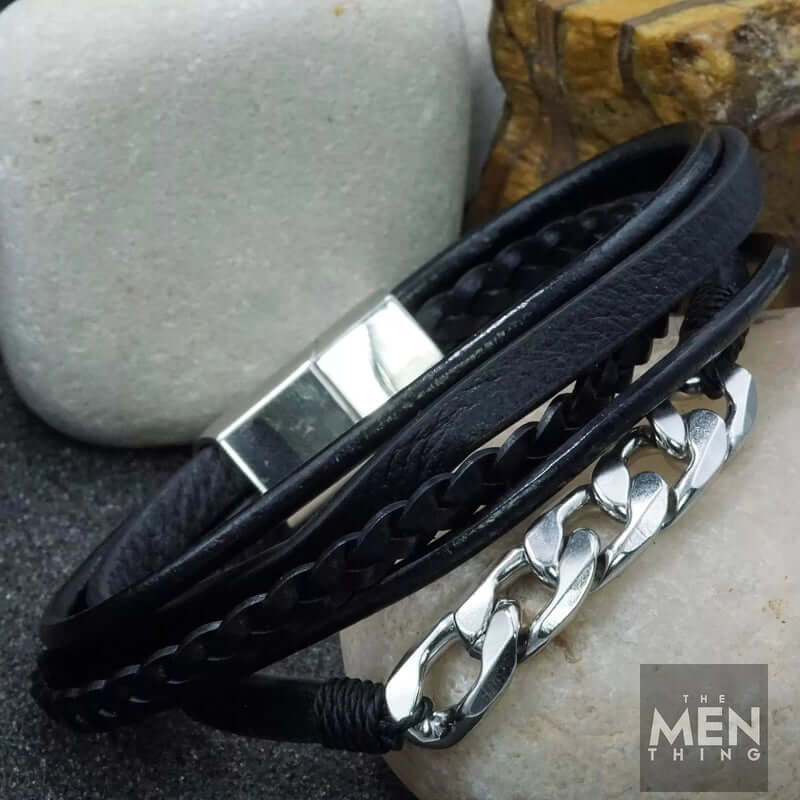 THE MEN THING Leather Bracelet FUSION MINGLE BLACK -  Leather with Stainless Steel Bracelet with 100% Stainless Steel Magnetic Buckle for Men & Boys (8 inch)