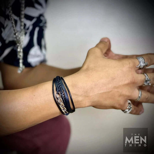 THE MEN THING Leather Bracelet FUSION MINGLE BLACK -  Leather with Stainless Steel Bracelet with 100% Stainless Steel Magnetic Buckle for Men & Boys (8 inch)
