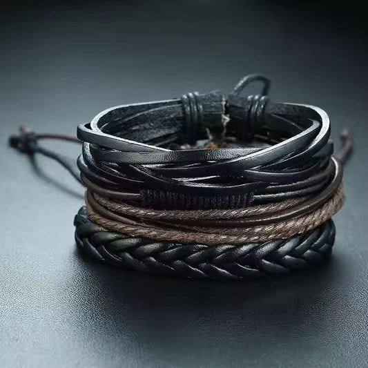 THE MEN THING Leather Bracelet GLADIATOR BAND  - 4 Pcs Genuine Braided Leather Bracelet Set for Men & Boys (8 inch)
