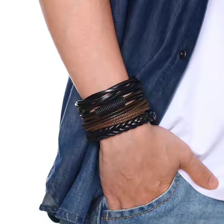 THE MEN THING Leather Bracelet GLADIATOR BAND  - 4 Pcs Genuine Braided Leather Bracelet Set for Men & Boys (8 inch)