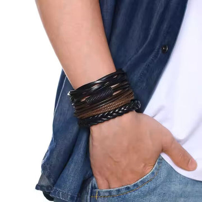 THE MEN THING Leather Bracelet GLADIATOR BAND  - 4 Pcs Genuine Braided Leather Bracelet Set for Men & Boys (8 inch)