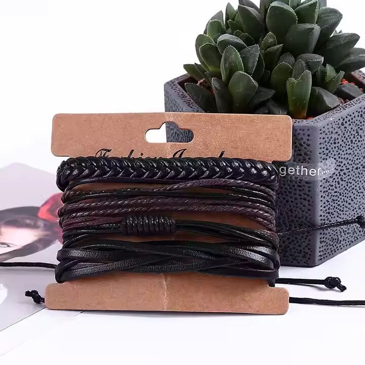 THE MEN THING Leather Bracelet GLADIATOR BAND  - 4 Pcs Genuine Braided Leather Bracelet Set for Men & Boys (8 inch)