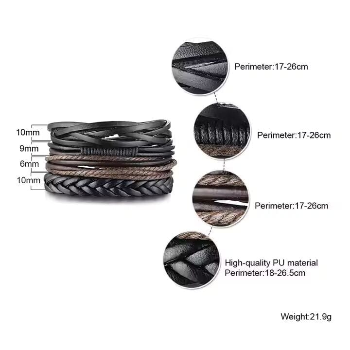 THE MEN THING Leather Bracelet GLADIATOR BAND  - 4 Pcs Genuine Braided Leather Bracelet Set for Men & Boys (8 inch)