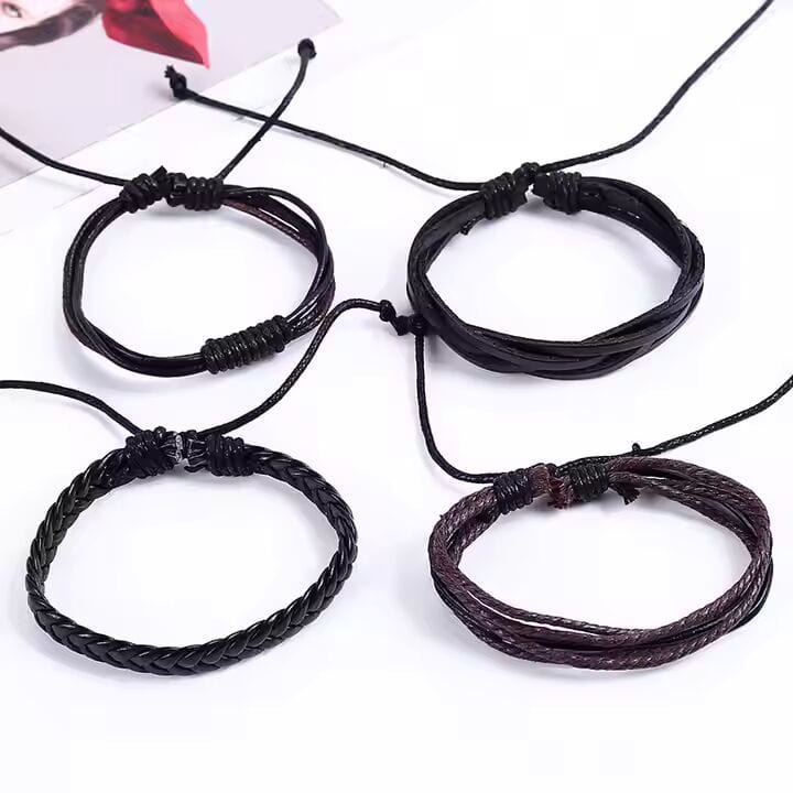 THE MEN THING Leather Bracelet GLADIATOR BAND  - 4 Pcs Genuine Braided Leather Bracelet Set for Men & Boys (8 inch)