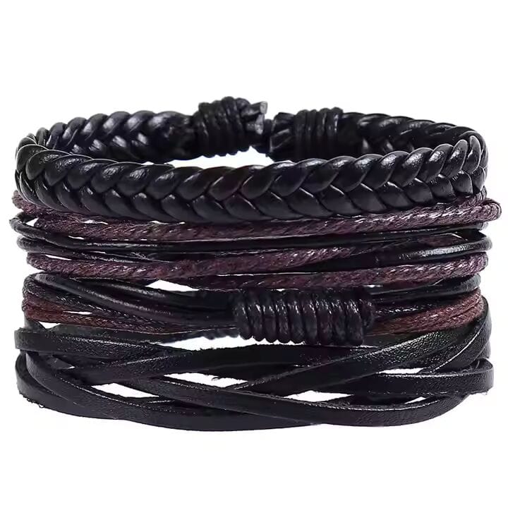 THE MEN THING Leather Bracelet GLADIATOR BAND  - 4 Pcs Genuine Braided Leather Bracelet Set for Men & Boys (8 inch)