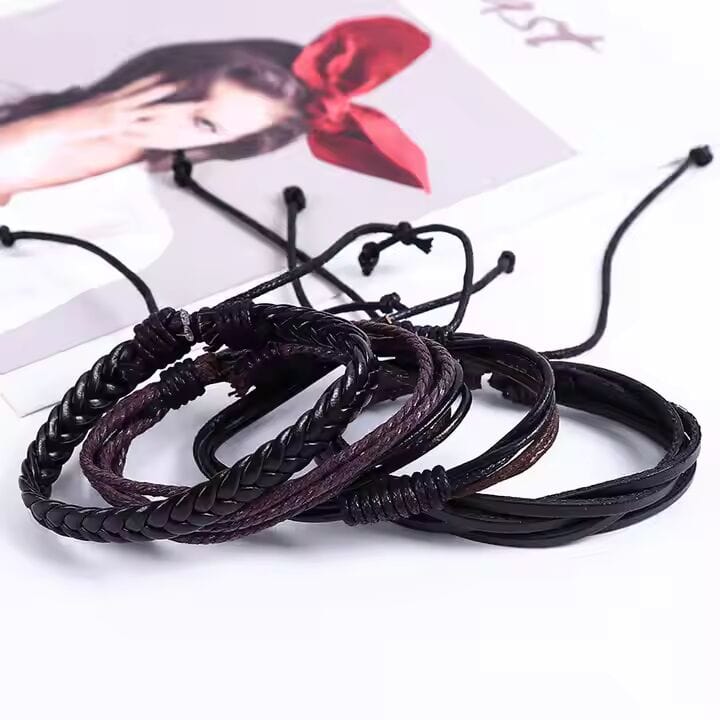 THE MEN THING Leather Bracelet GLADIATOR BAND  - 4 Pcs Genuine Braided Leather Bracelet Set for Men & Boys (8 inch)