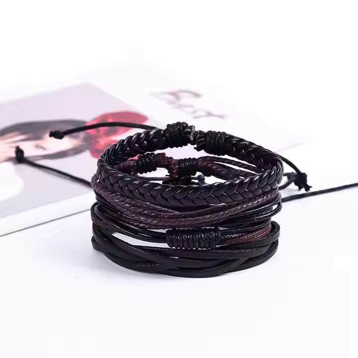 THE MEN THING Leather Bracelet GLADIATOR BAND  - 4 Pcs Genuine Braided Leather Bracelet Set for Men & Boys (8 inch)
