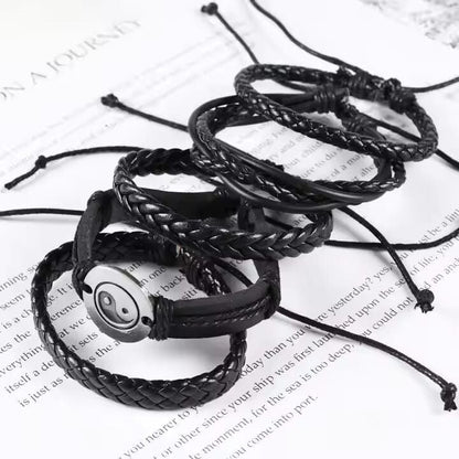 THE MEN THING Leather Bracelet GOLIATH KNOT  -  5 Pcs Genuine Braided Leather Bracelet Set for Men & Boys (8 inch)
