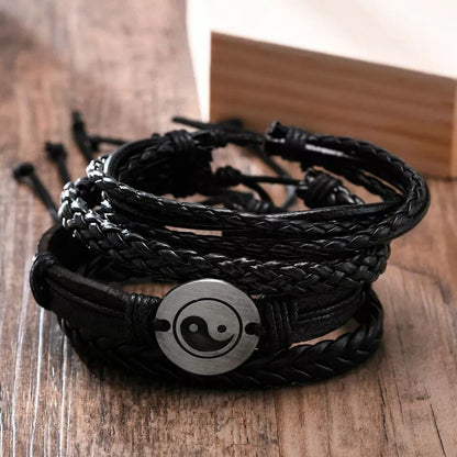 THE MEN THING Leather Bracelet GOLIATH KNOT  -  5 Pcs Genuine Braided Leather Bracelet Set for Men & Boys (8 inch)