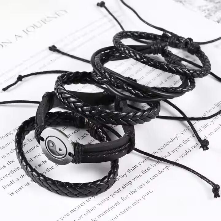 THE MEN THING Leather Bracelet GOLIATH KNOT  -  5 Pcs Genuine Braided Leather Bracelet Set for Men & Boys (8 inch)