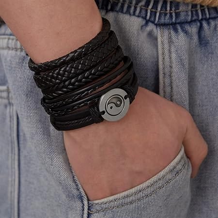 THE MEN THING Leather Bracelet GOLIATH KNOT  -  5 Pcs Genuine Braided Leather Bracelet Set for Men & Boys (8 inch)