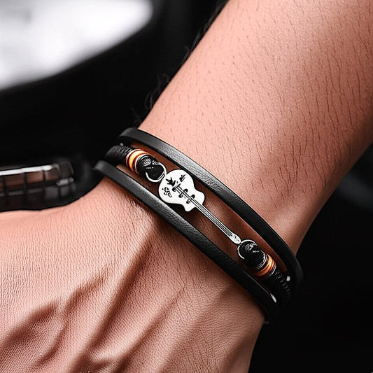 THE MEN THING Leather Bracelet GUITAR CHARM BLACK - Three Strand Genuine Leather Bracelet with Stainless Steel Magnetic Buckle for Men & Boy (8 inch)