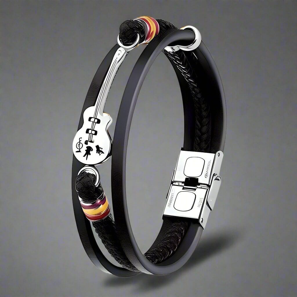 THE MEN THING Leather Bracelet GUITAR CHARM BLACK - Three Strand Genuine Leather Bracelet with Stainless Steel Magnetic Buckle for Men & Boy (8 inch)