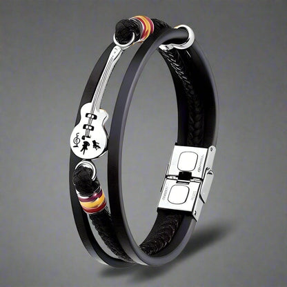 THE MEN THING Leather Bracelet GUITAR CHARM BLACK - Three Strand Genuine Leather Bracelet with Stainless Steel Magnetic Buckle for Men & Boy (8 inch)