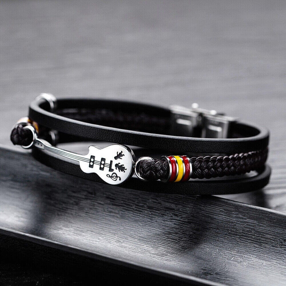 THE MEN THING Leather Bracelet GUITAR CHARM BLACK - Three Strand Genuine Leather Bracelet with Stainless Steel Magnetic Buckle for Men & Boy (8 inch)
