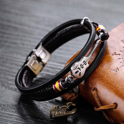 THE MEN THING Leather Bracelet GUITAR CHARM BLACK - Three Strand Genuine Leather Bracelet with Stainless Steel Magnetic Buckle for Men & Boy (8 inch)