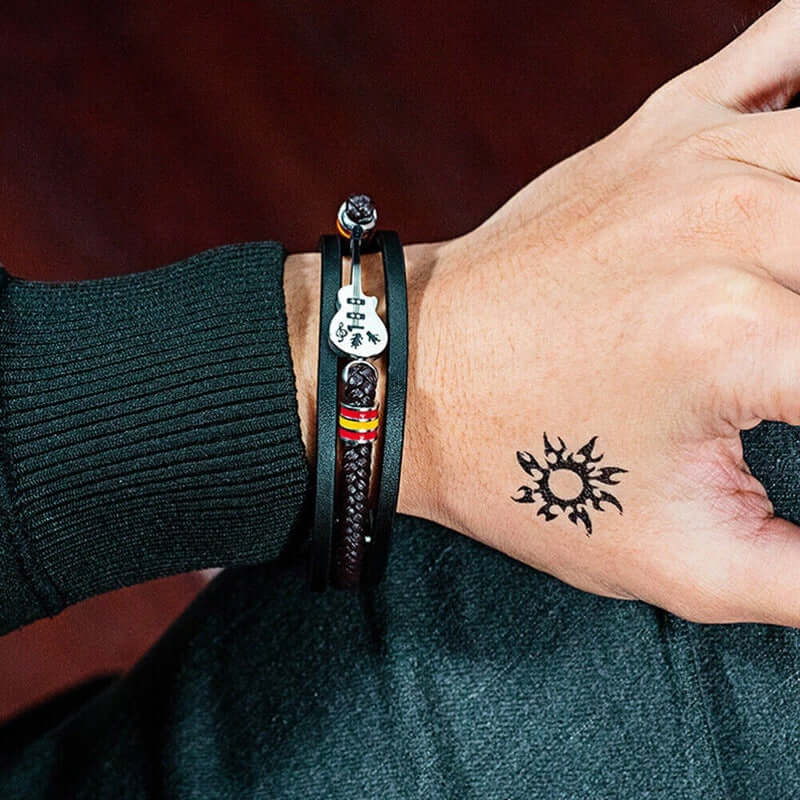 THE MEN THING Leather Bracelet GUITAR CHARM BLACK - Three Strand Genuine Leather Bracelet with Stainless Steel Magnetic Buckle for Men & Boy (8 inch)