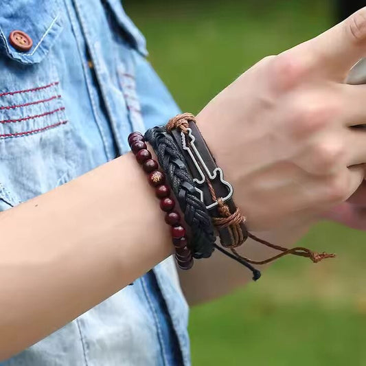 THE MEN THING Leather Bracelet GUITARBOUND -  3 Pcs Genuine Braided Leather Bracelet Set for Men & Boys (8 inch)
