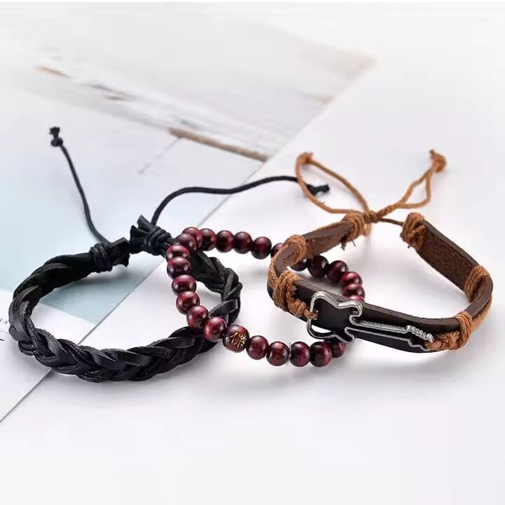 THE MEN THING Leather Bracelet GUITARBOUND -  3 Pcs Genuine Braided Leather Bracelet Set for Men & Boys (8 inch)
