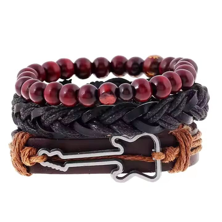 THE MEN THING Leather Bracelet GUITARBOUND -  3 Pcs Genuine Braided Leather Bracelet Set for Men & Boys (8 inch)