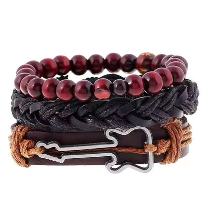 THE MEN THING Leather Bracelet GUITARBOUND -  3 Pcs Genuine Braided Leather Bracelet Set for Men & Boys (8 inch)