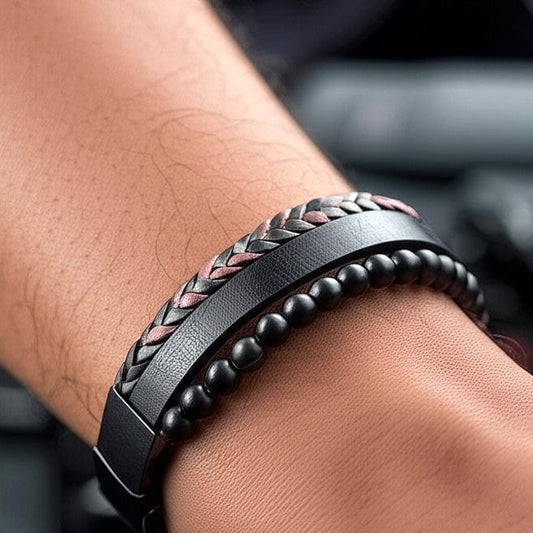 THE MEN THING Leather Bracelet HEALING HEART BLACK & BROWN - American Style Genuine Leather Bracelet with Healing Natural Stones and Stainless Steel Magnetic Buckle for Men & Boy (8 inch)
