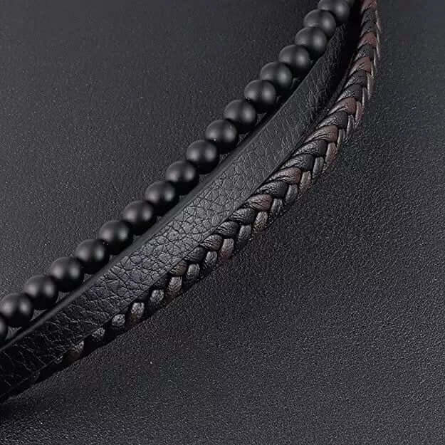 THE MEN THING Leather Bracelet HEALING HEART BLACK & BROWN - American Style Genuine Leather Bracelet with Healing Natural Stones and Stainless Steel Magnetic Buckle for Men & Boy (8 inch)