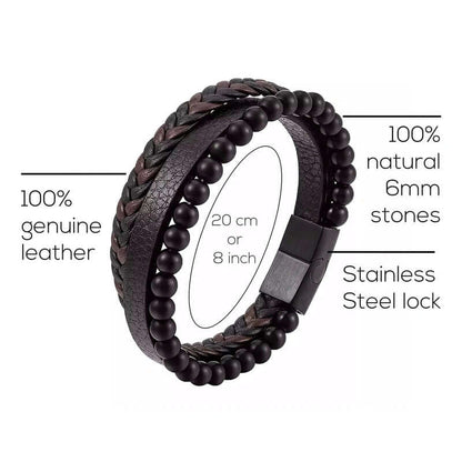 THE MEN THING Leather Bracelet HEALING HEART BLACK & BROWN - American Style Genuine Leather Bracelet with Healing Natural Stones and Stainless Steel Magnetic Buckle for Men & Boy (8 inch)