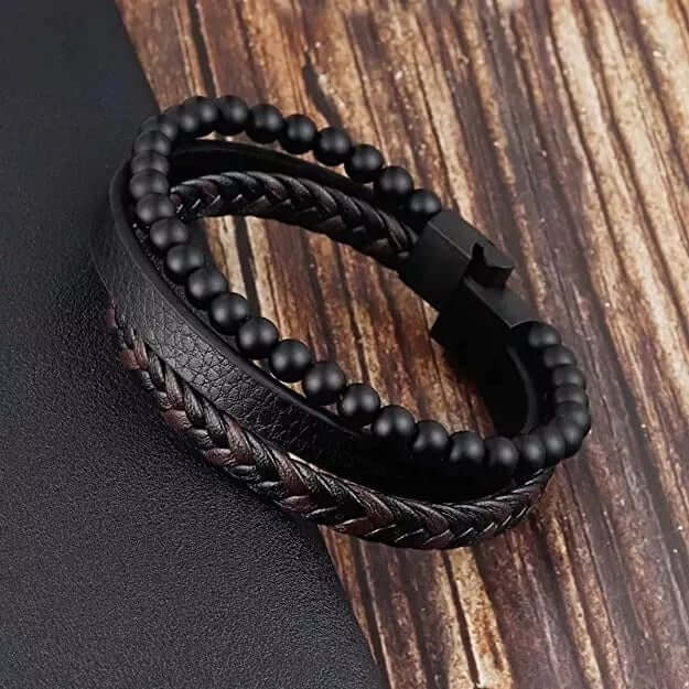 THE MEN THING Leather Bracelet HEALING HEART BLACK & BROWN - American Style Genuine Leather Bracelet with Healing Natural Stones and Stainless Steel Magnetic Buckle for Men & Boy (8 inch)