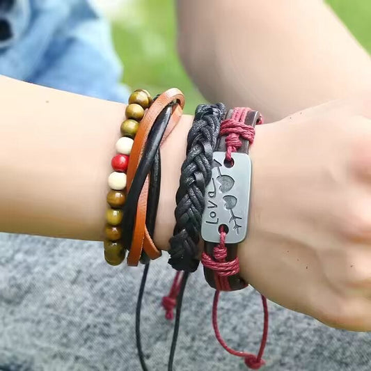 THE MEN THING Leather Bracelet HEART KNOT  -  4 Pcs Genuine Braided Leather Bracelet Set for Men & Boys (8 inch)