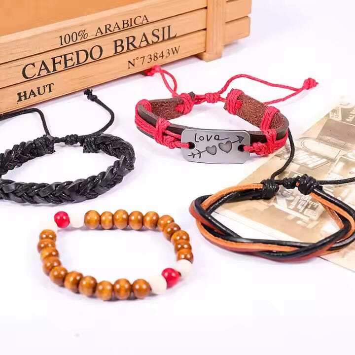 THE MEN THING Leather Bracelet HEART KNOT  -  4 Pcs Genuine Braided Leather Bracelet Set for Men & Boys (8 inch)