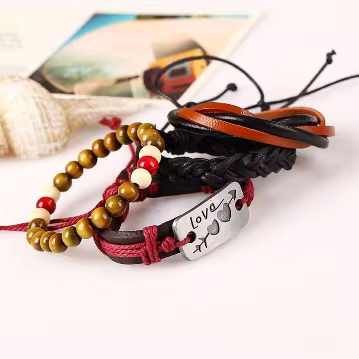 THE MEN THING Leather Bracelet HEART KNOT  -  4 Pcs Genuine Braided Leather Bracelet Set for Men & Boys (8 inch)