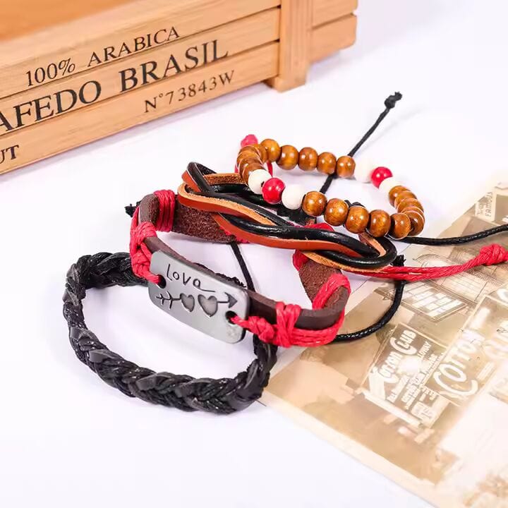 THE MEN THING Leather Bracelet HEART KNOT  -  4 Pcs Genuine Braided Leather Bracelet Set for Men & Boys (8 inch)