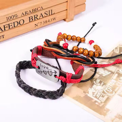THE MEN THING Leather Bracelet HEART KNOT  -  4 Pcs Genuine Braided Leather Bracelet Set for Men & Boys (8 inch)