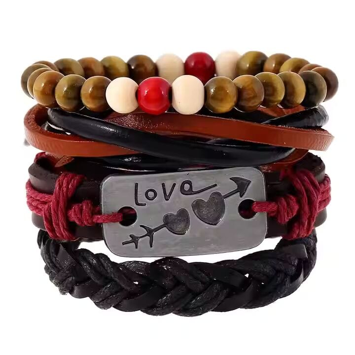 THE MEN THING Leather Bracelet HEART KNOT  -  4 Pcs Genuine Braided Leather Bracelet Set for Men & Boys (8 inch)