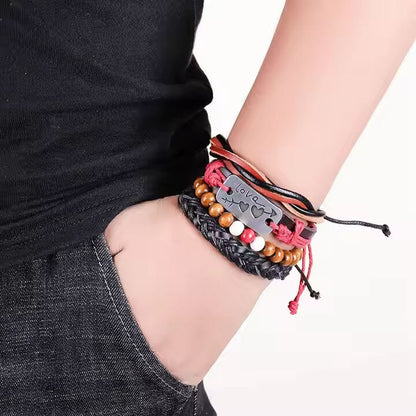 THE MEN THING Leather Bracelet HEART KNOT  -  4 Pcs Genuine Braided Leather Bracelet Set for Men & Boys (8 inch)