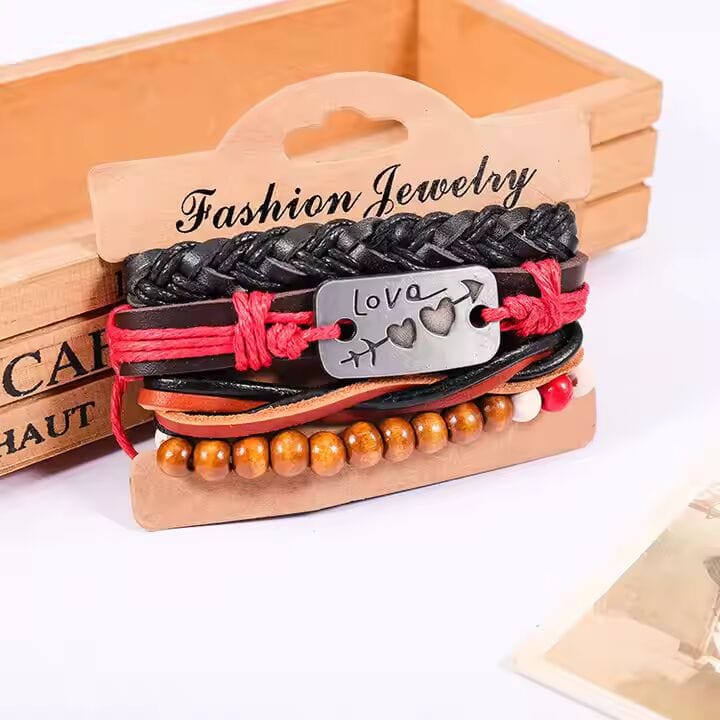 THE MEN THING Leather Bracelet HEART KNOT  -  4 Pcs Genuine Braided Leather Bracelet Set for Men & Boys (8 inch)