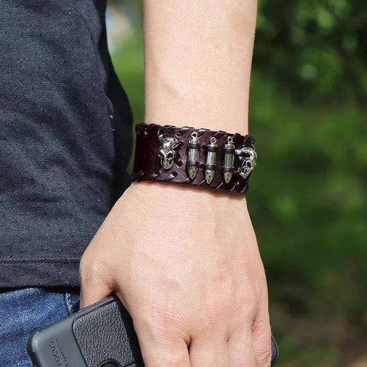 THE MEN THING Leather Bracelet HELLBOUND WARRIOR BROWN BAND - Genuine Braided Leather Bracelet Set for Men & Boys (8 inch)