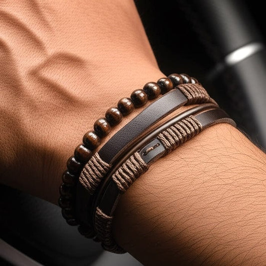 THE MEN THING Leather Bracelet HIGHLAND CUFF - 3 Pcs Genuine Braided Leather Bracelet Set for Men & Boys (8 inch)
