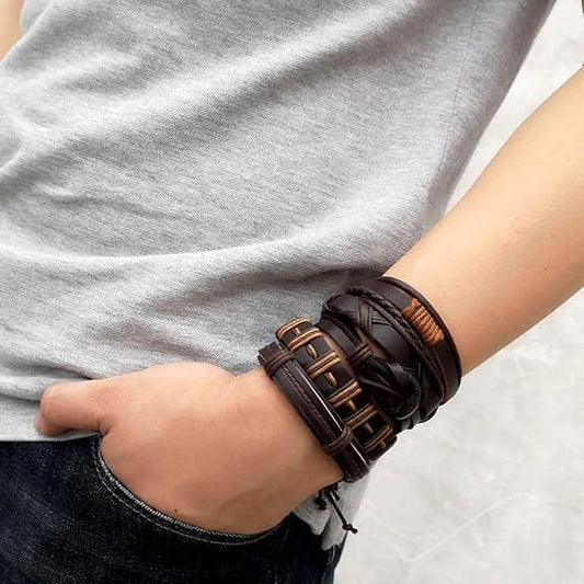 THE MEN THING Leather Bracelet HISTORIC WEAVE -  5 Pcs Genuine Braided Leather Bracelet Set for Men & Boys (8 inch)