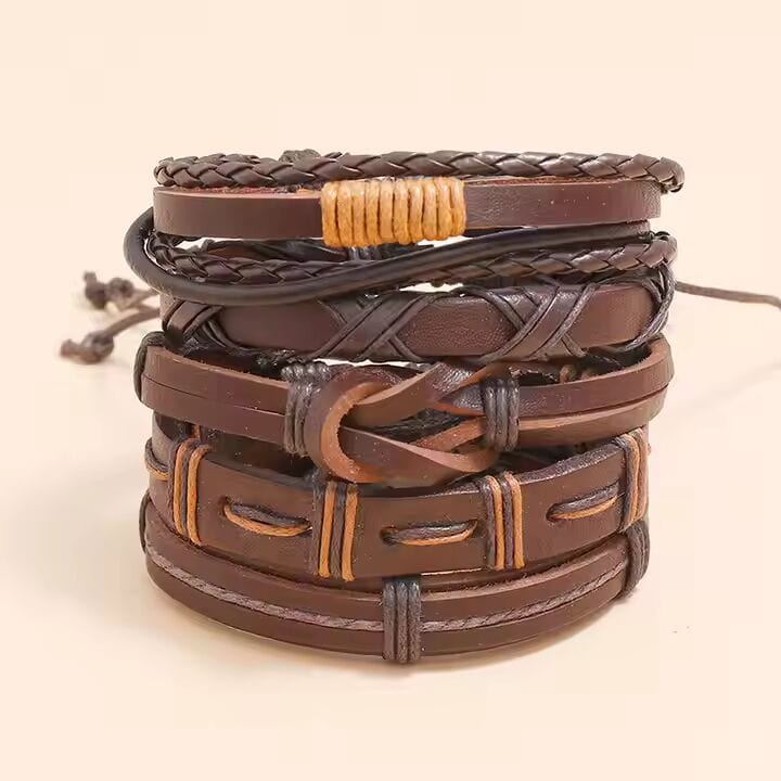 THE MEN THING Leather Bracelet HISTORIC WEAVE -  5 Pcs Genuine Braided Leather Bracelet Set for Men & Boys (8 inch)