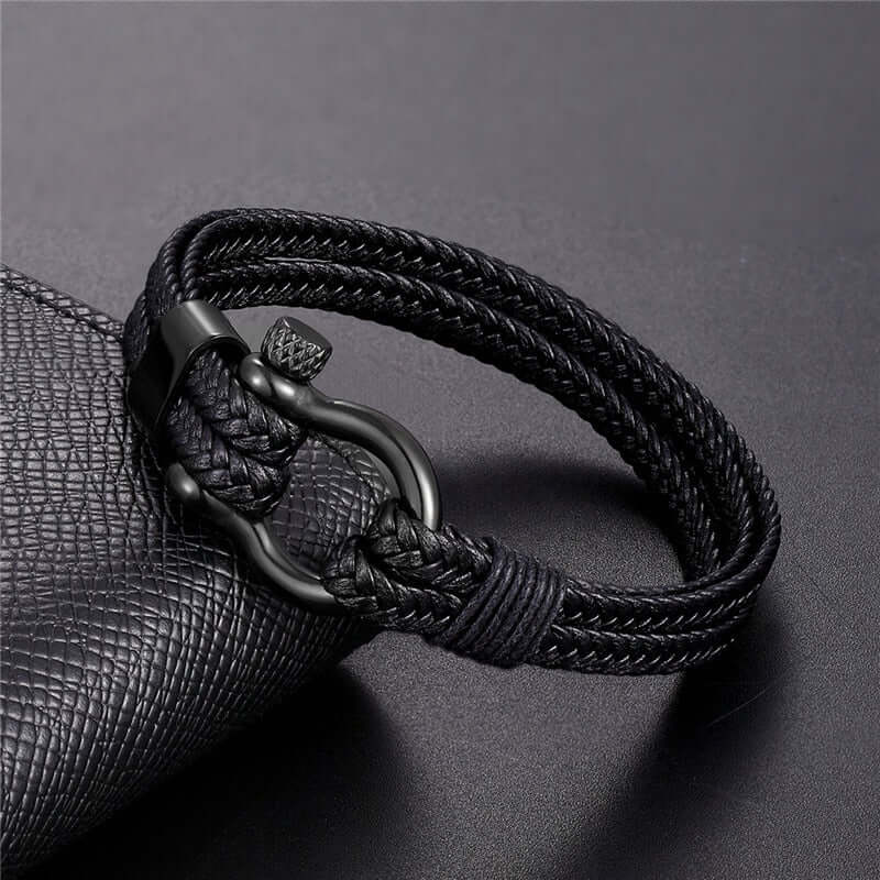 THE MEN THING Leather Bracelet HORSESHOE BUCKLE BLACK - Genuine Leather Braided Bracelet with Stainless Steel Clasp Pin for Men & Boys (8 inch)
